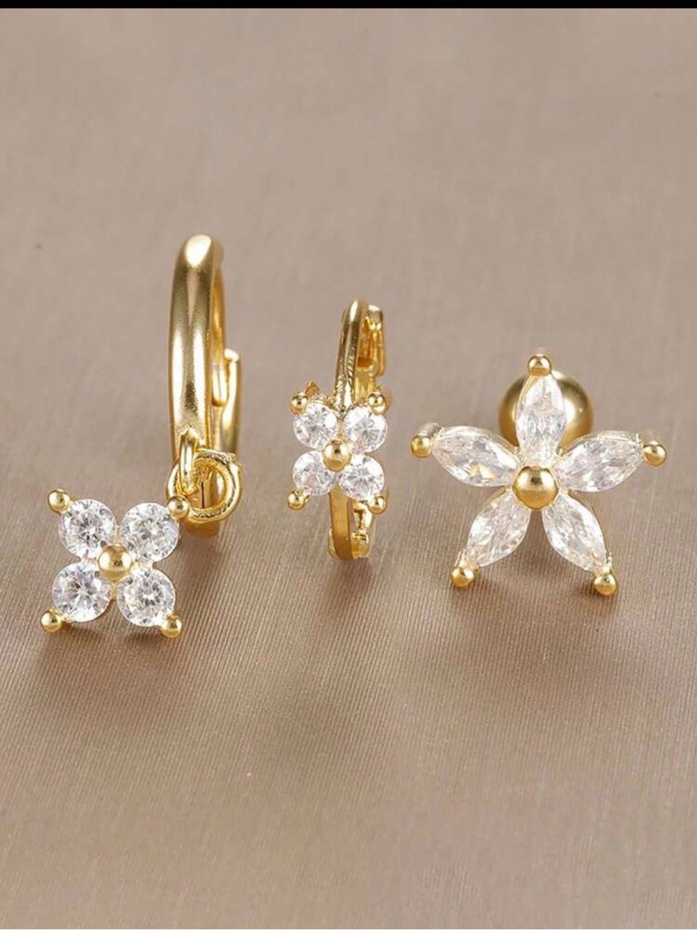 3pc set/single Ear stainless steel Zirconia flower Earring set - Picture 2 of 3